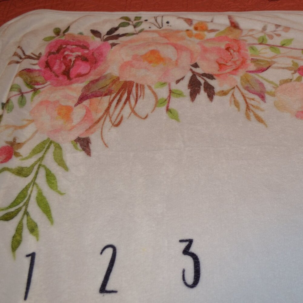 Baby Girl Milestone Blanket White w/Peach Pink Flowers